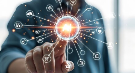 Person touching digital interface with various icons and glowing connections
