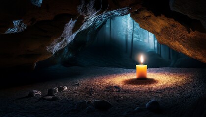 cave in the forest night dark view and candle burn in the dark cave