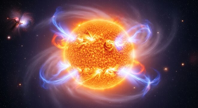 Sun with solar flare, space, and energy.