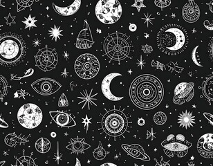 A repeating pattern of celestial objects and mystical symbols on black