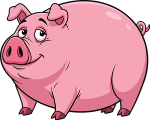 Cute cartoon pig smiling, happy farm animal vector, adorable pink pig character, chubby pig illustration, fun livestock drawing, children’s design