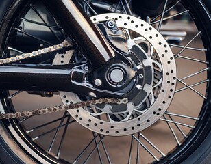 Obraz premium detailed close up of motorcycle rear wheel suspension and drive chain