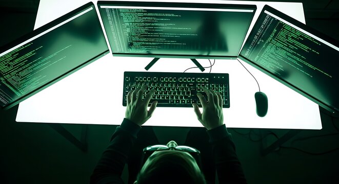 Hacker using multiple monitors to write code and hack into a system