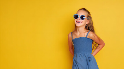 young blonde smiling girl in a denim suit and sunglasses on a yellow studio background