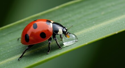 Fototapeta premium Delicate ladybug with water droplet on vibrant green leaf evokes nature's beauty and peaceful summer days