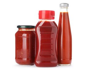 Bottles and jar with tasty tomato sauces isolated on white
