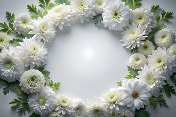 Fototapeta premium Delicate white floral wreath with green foliage on a soft white background