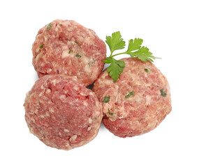 Fresh raw meat patties and parsley isolated on white, top view