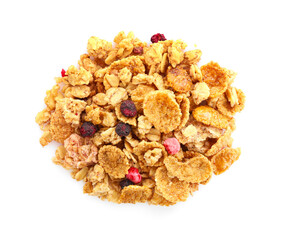 Pile of tasty granola with dried berries isolated on white, top view