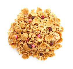 Pile of tasty granola with dried berries isolated on white, top view