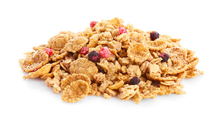 Pile of tasty granola with dried berries isolated on white