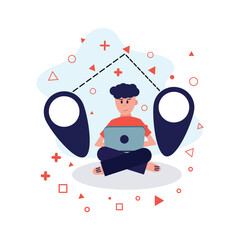Digital nomad working remotely on a laptop with map pins and travel route icons.Flat vector illustration representing freelance lifestyle,remote work,travel freedom,and global connectivity,