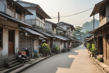 Traditionelle Holzarchitektur und ruhige Straßen in einem asiatischen Dorf bei Sonnenaufgang