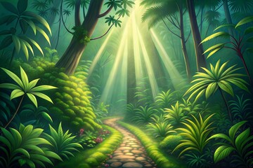 Rain forest Path with Light Beams Tropical Nature Scene with Lush Greenery illustration.