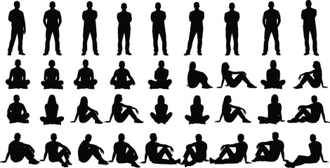 Collection of male and female silhouettes standing and sitting on ground in various relaxed poses, isolated black vector illustration set
