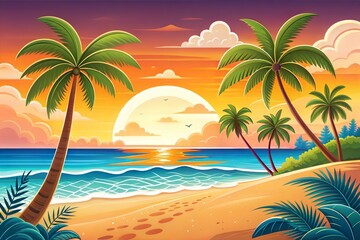 Tropical Sunset Beach with Palm Trees and Ocean Waves Summer Paradise illustration.