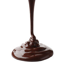 Pouring tasty melted chocolate on white background