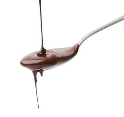 Tasty melted chocolate flowing down from spoon on white background