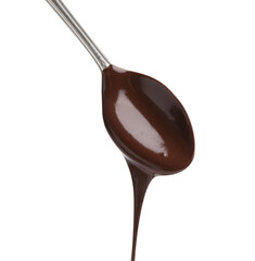Tasty melted chocolate flowing down from spoon on white background