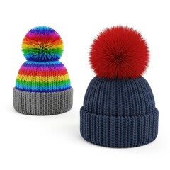 Two colorful pom pom hats isolated on white background