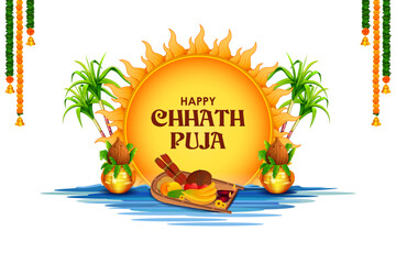 Plakat Holiday background for Sun festival of India with greetings in Hindi meaning Happy Chhath Puja