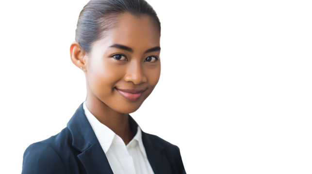 portrait of a young asian smiling businesswoman in a black jacket and white shirt