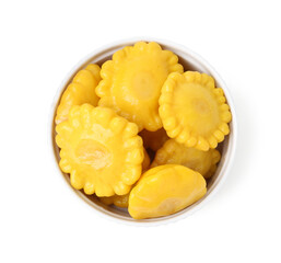Pickled pattypan squashes in bowl isolated on white, top view