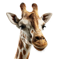 Obraz premium Close-up of a curious giraffe with distinctive spots and large eyes against a white background isolated on transparent background