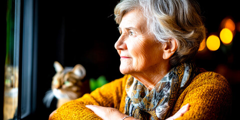 A senior woman with white hair looking out a window with a cat sitting nearby in the blurred background.