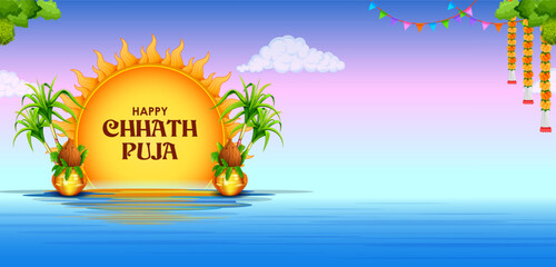 Holiday background for Sun festival of India with greetings in Hindi meaning  Happy Chhath Puja
