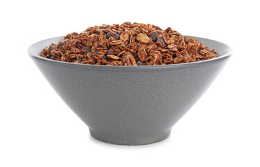 Delicious granola with chocolate chips in bowl isolated on white