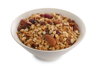 Delicious granola with dried fruits and nuts in bowl isolated on white