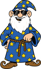 Cool cartoon wizard character in star robe, wearing sunglasses, magical fantasy design, fun illustration, bearded mage vector for children, comics