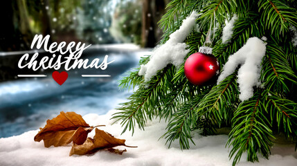 A single red Christmas bauble hangs from a snow-covered fir branch in a winter forest landscape with a river. Congratulatory card with the inscription "Merry Christmas"