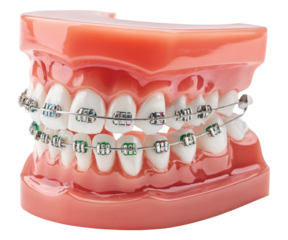 Realistic dental model showcasing clear braces for straightening teeth