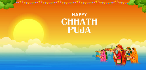 Holiday background for Sun festival of India with greetings in Hindi meaning  Happy Chhath Puja