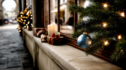 A festive Christmas urban scene with outdoor holiday decorations on a building ledge.