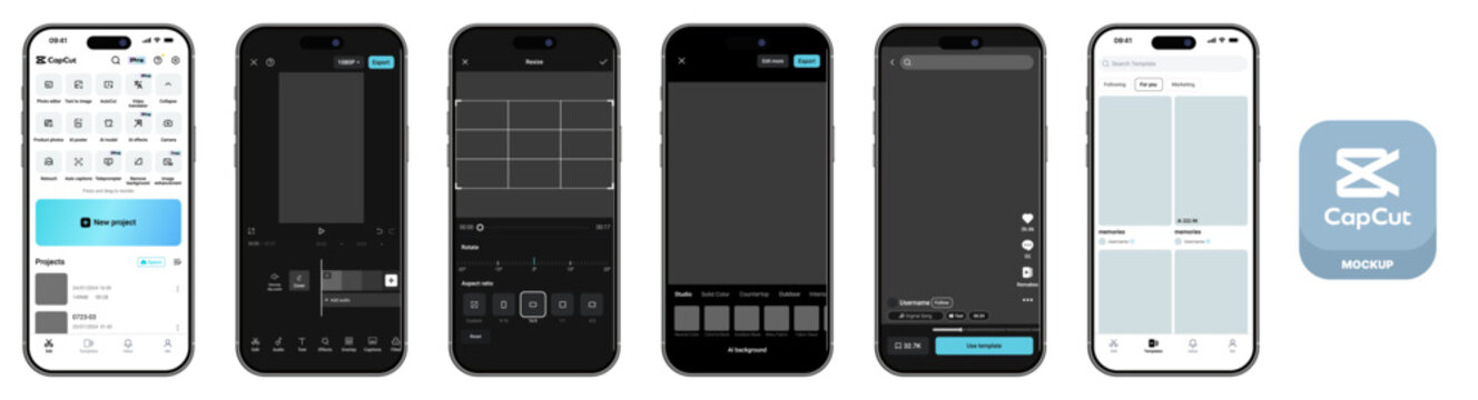 CapCut mobile app UI mockup showing CapCut video editor, resize, templates, and export pages with modern CapCut interface on smartphone