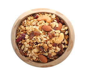Delicious granola with dried fruits and nuts in bowl isolated on white, top view