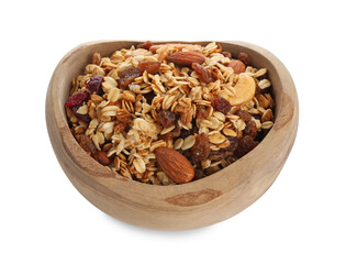 Delicious granola with dried fruits and nuts in bowl isolated on white