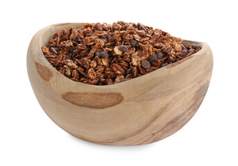 Delicious granola with chocolate chips in bowl isolated on white