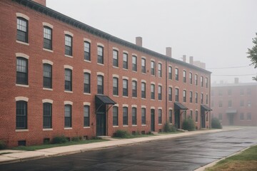 Fototapeta premium Alte Industriegebäude / Wohngebäude in Nebel in urbanem Umfeld