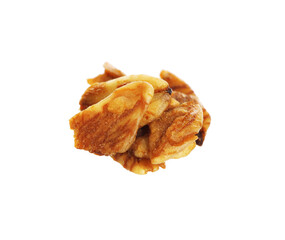 Delicious granola in air against white background