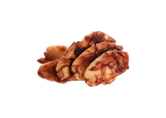 Delicious granola in air against white background