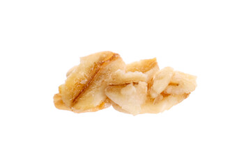 Delicious granola in air against white background