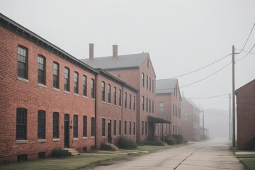 Fototapeta premium Alte Industriegebäude / Wohngebäude in Nebel in urbanem Umfeld