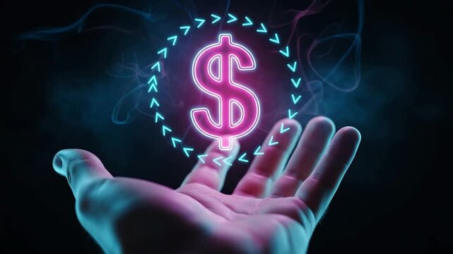 Hand holding a glowing neon dollar sign with arrows in a circle arror icon motion animated video