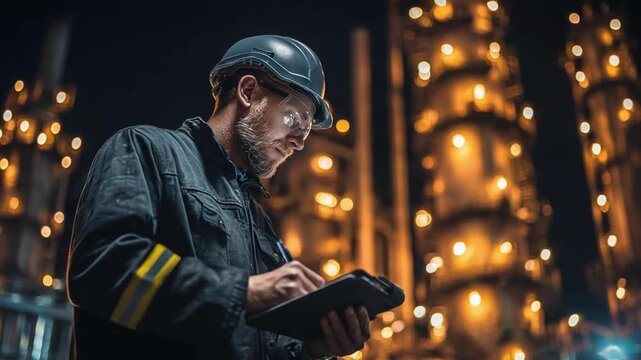 A factory worker wearing a hard hat and safety glasses reviews data on a tablet in a glowing industrial plant.