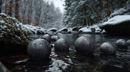Mysterious dark spheres emerge from icy stream water in a serene winter forest landscape, evoking nature's secrets.