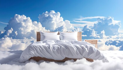 A bed floats amidst fluffy clouds under a bright blue sky